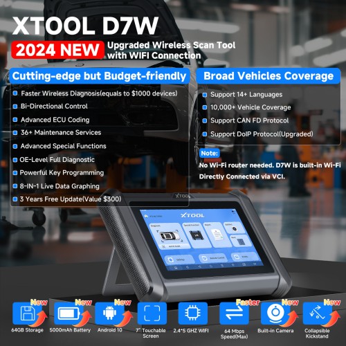 XTOOL D7W All System Bidirectional Scan Tool with CAN FD & DoIP, ECU Coding, 36+ Resets, Key Programming, Crank Sensor Relearn