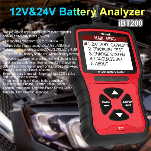  VIDENT iBT200 9V-36V Car Battery Analyzer for 12V passenger vehicle and 24V heavy duty trucks 100 to 2000CCA