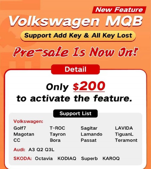 Volkswagen MQB License Support Add Key and All Keys Lost License For VVDI Key Tool Plus, VVDI2 +VVDI Prog