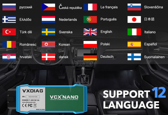 VXDiag VCX NANO OBD2 Scanner language